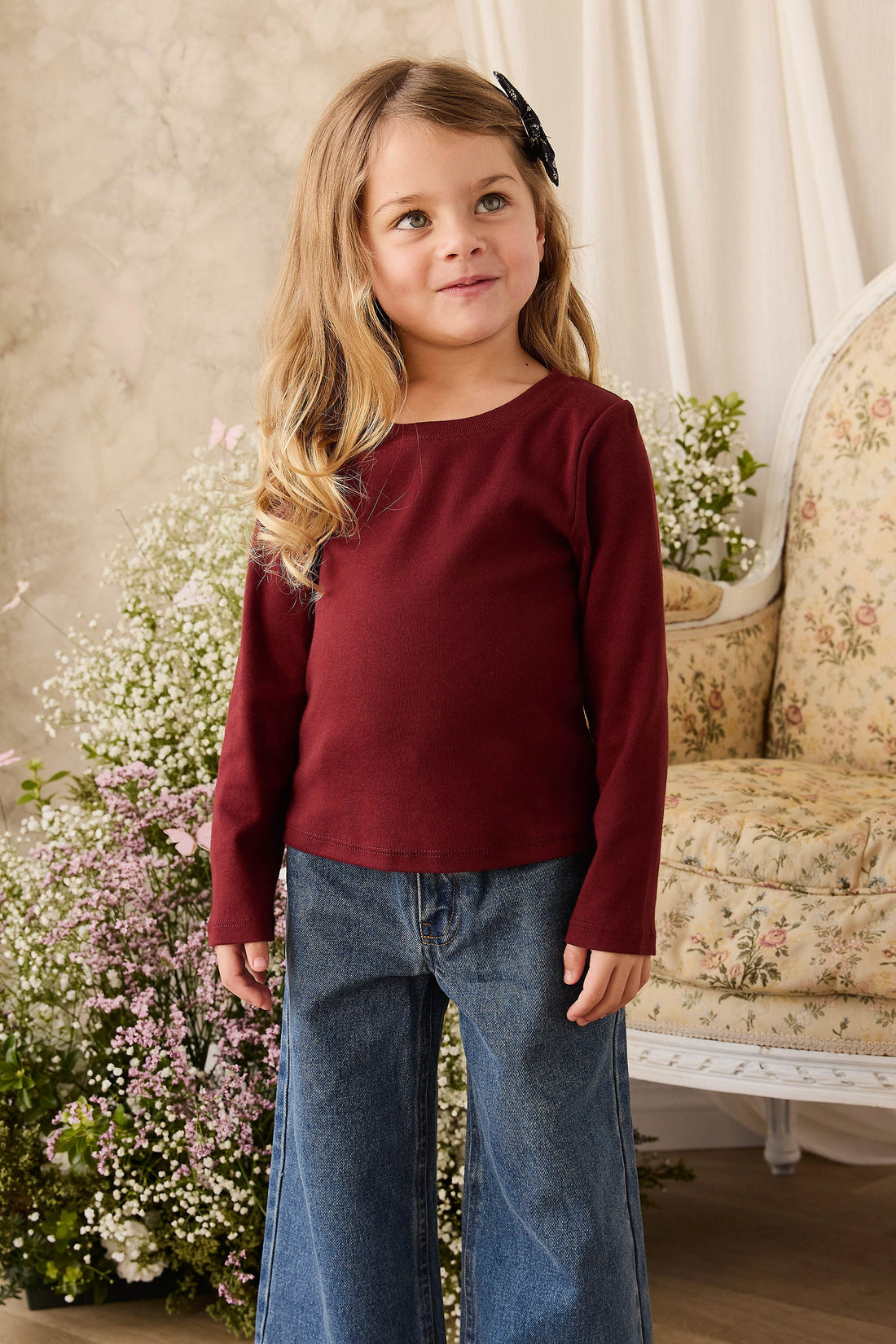 Organic Cotton Rib Helene Long Sleeve Top - Burgundy