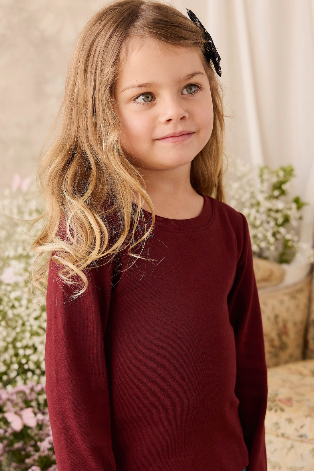 Organic Cotton Rib Helene Long Sleeve Top - Burgundy