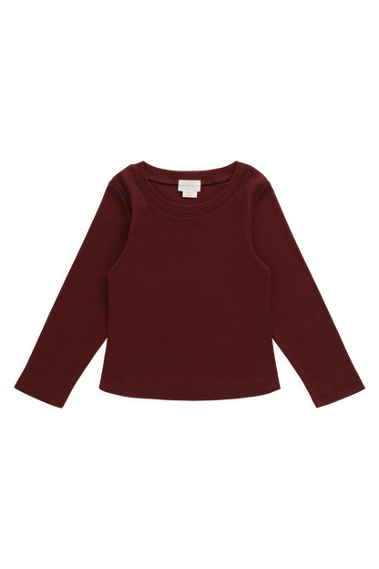Organic Cotton Rib Helene Long Sleeve Top - Burgundy